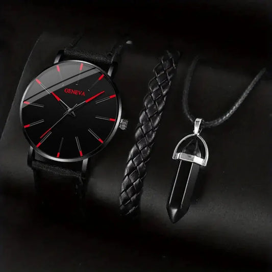 Ensemble de montre-bracelet à quartz en cuir pour hommes